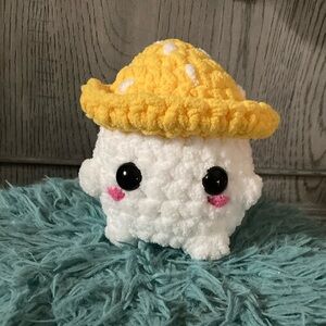 Adorable White Plush Toy with Yellow Hat mushroom yellow crochet